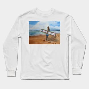 Girl with Surfboard at the Beach Long Sleeve T-Shirt